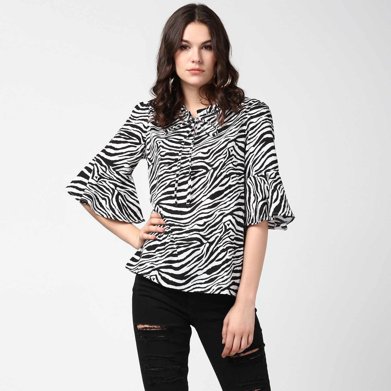 Women's Zebra Print Bell Sleeves Top - StyleStone