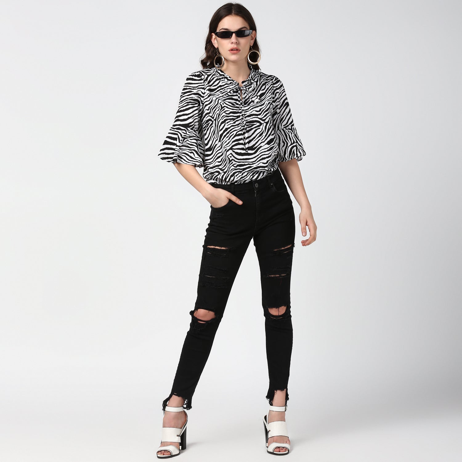 Women's Zebra Print Bell Sleeves Top - StyleStone