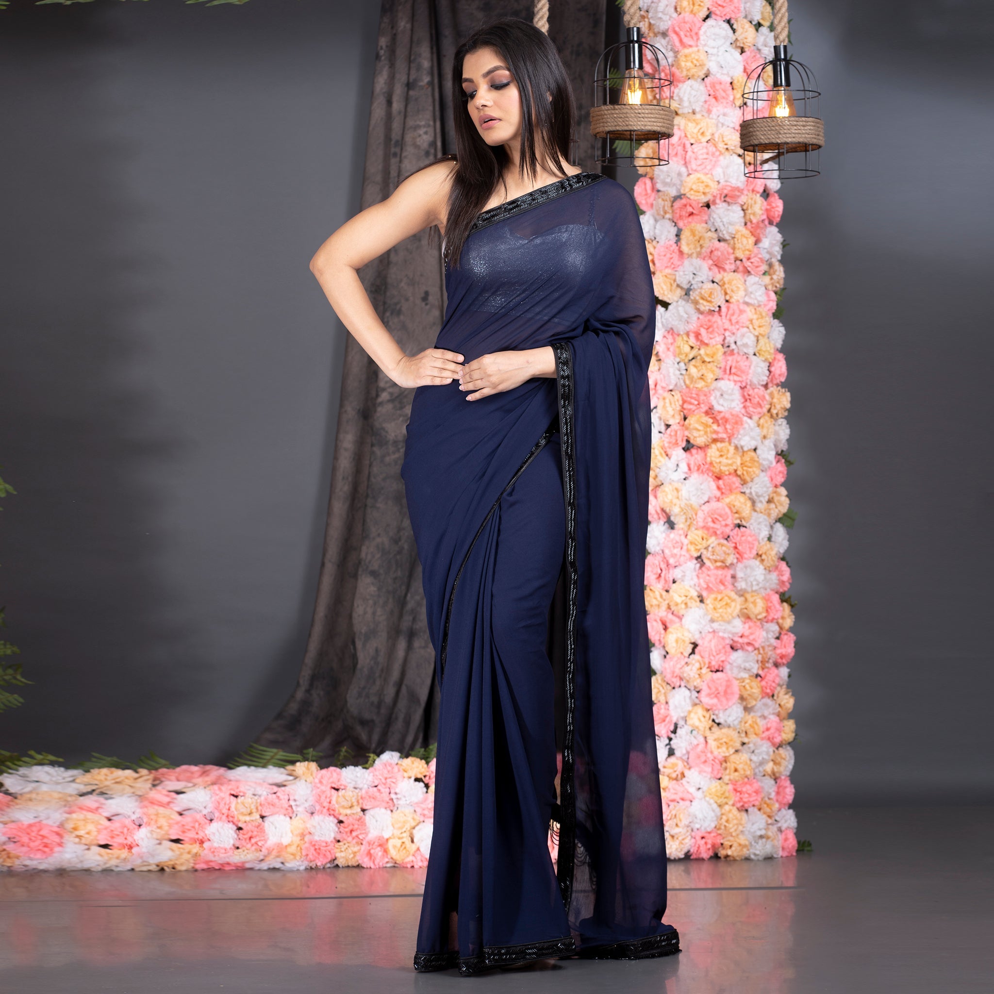 Women's Navy Blue Pure Georgette Hand Embroidered Black Lace With Fringes On Pallu - Boveee