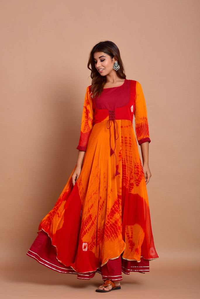 Women's Red Tye-Dye Layered Anarkali Dress (1Pc)