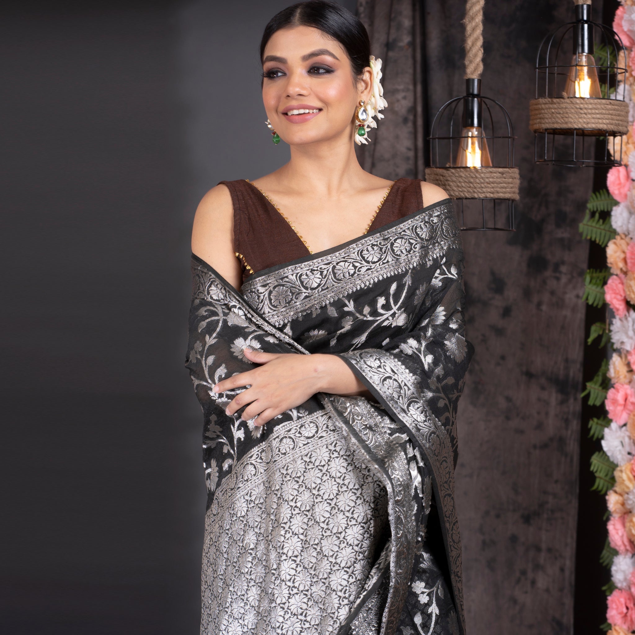 Women's Black Pure Georgette Saree With Antique Silver Jaal Border And Pallu - Boveee