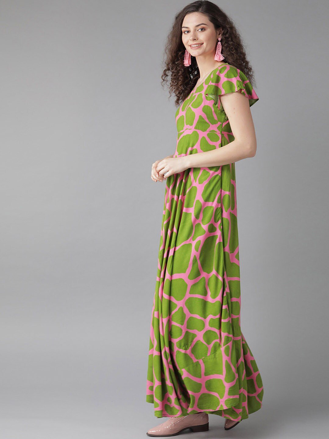 Women's  Green And Pink Printed Maxi Dress - AKS