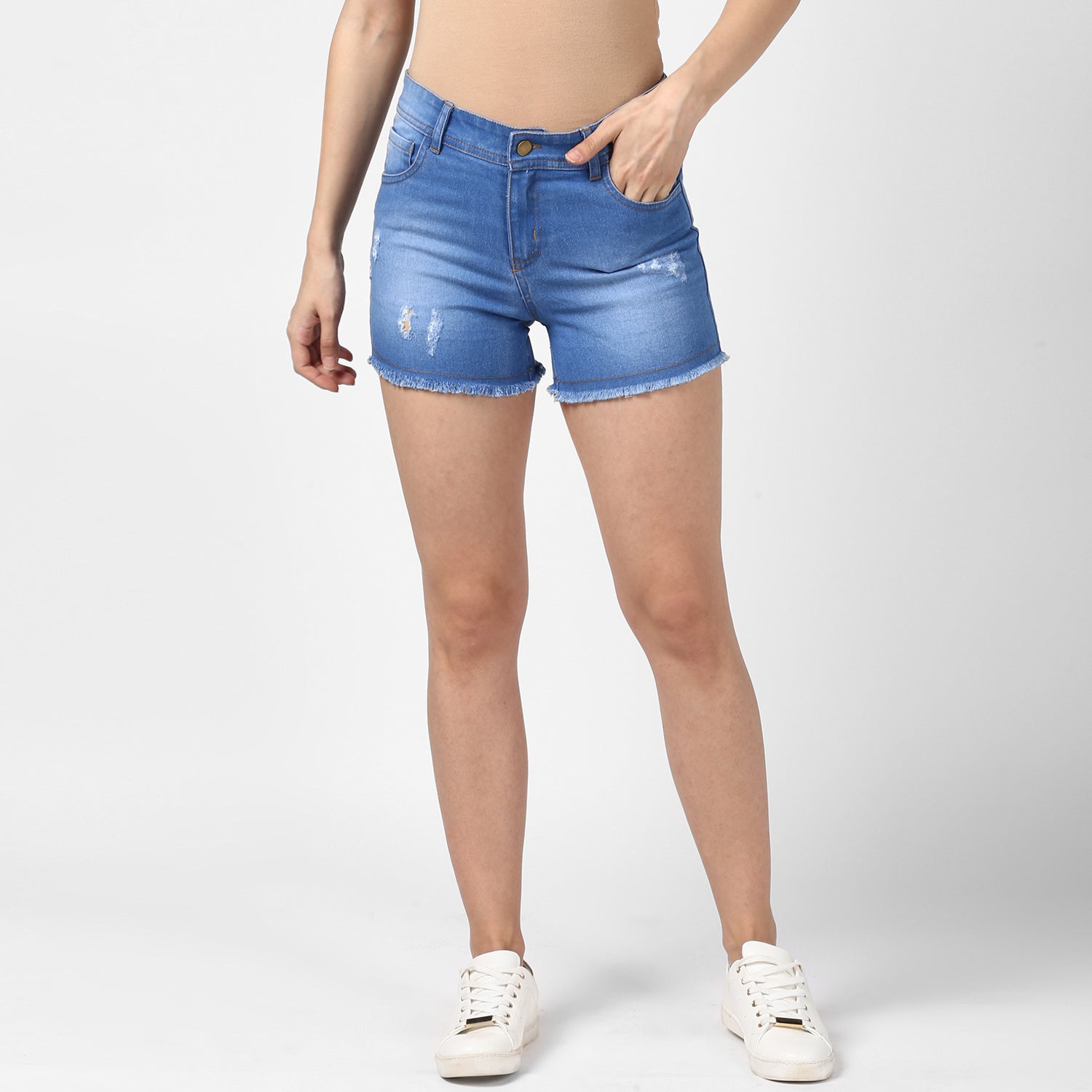 Women's Denim Blue Ripped Shorts - StyleStone