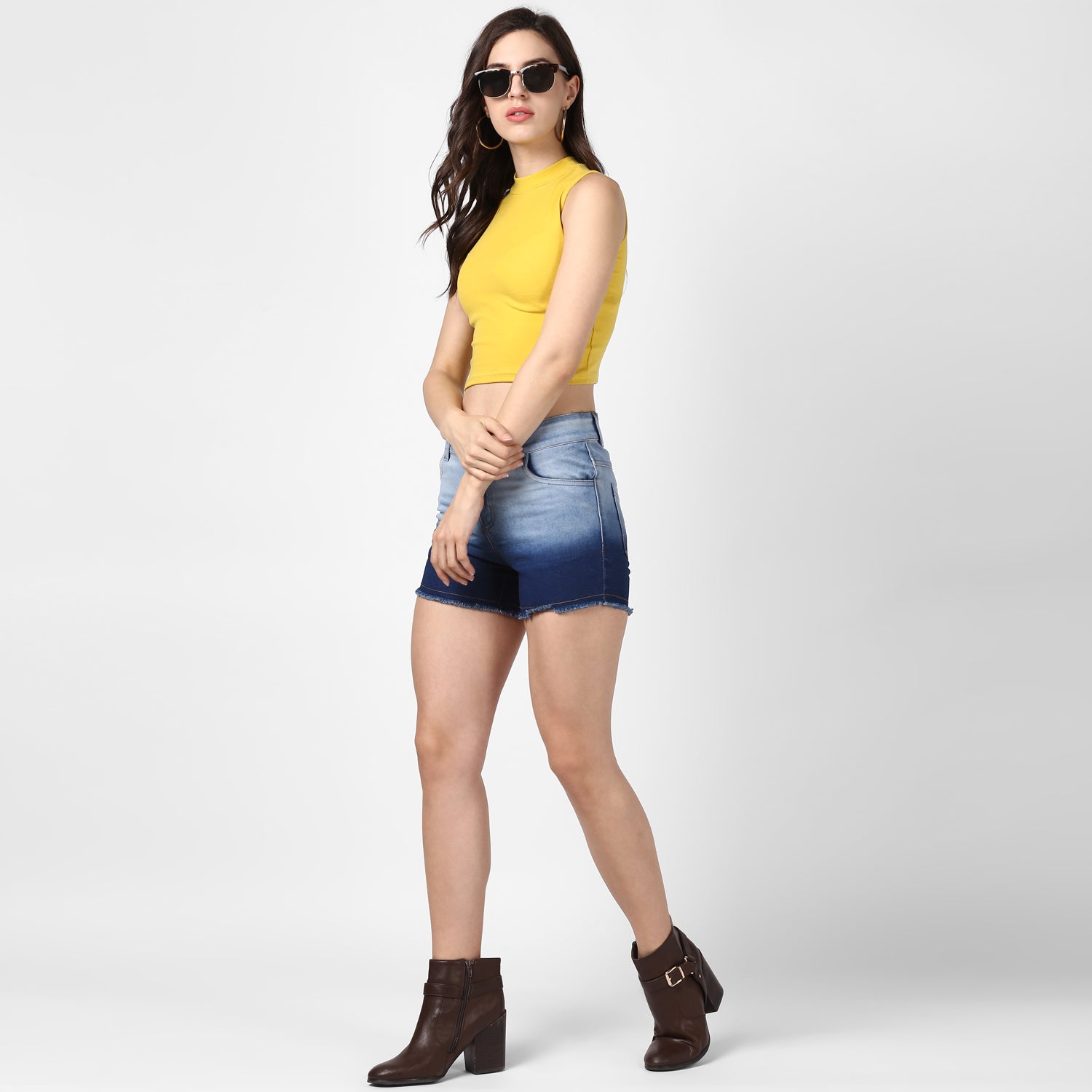Women's Denim Blue Ombre Effect Shorts - StyleStone