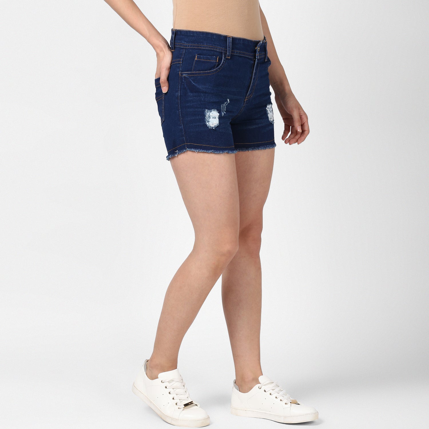 Women's Denim Blue Distressed Shorts - StyleStone