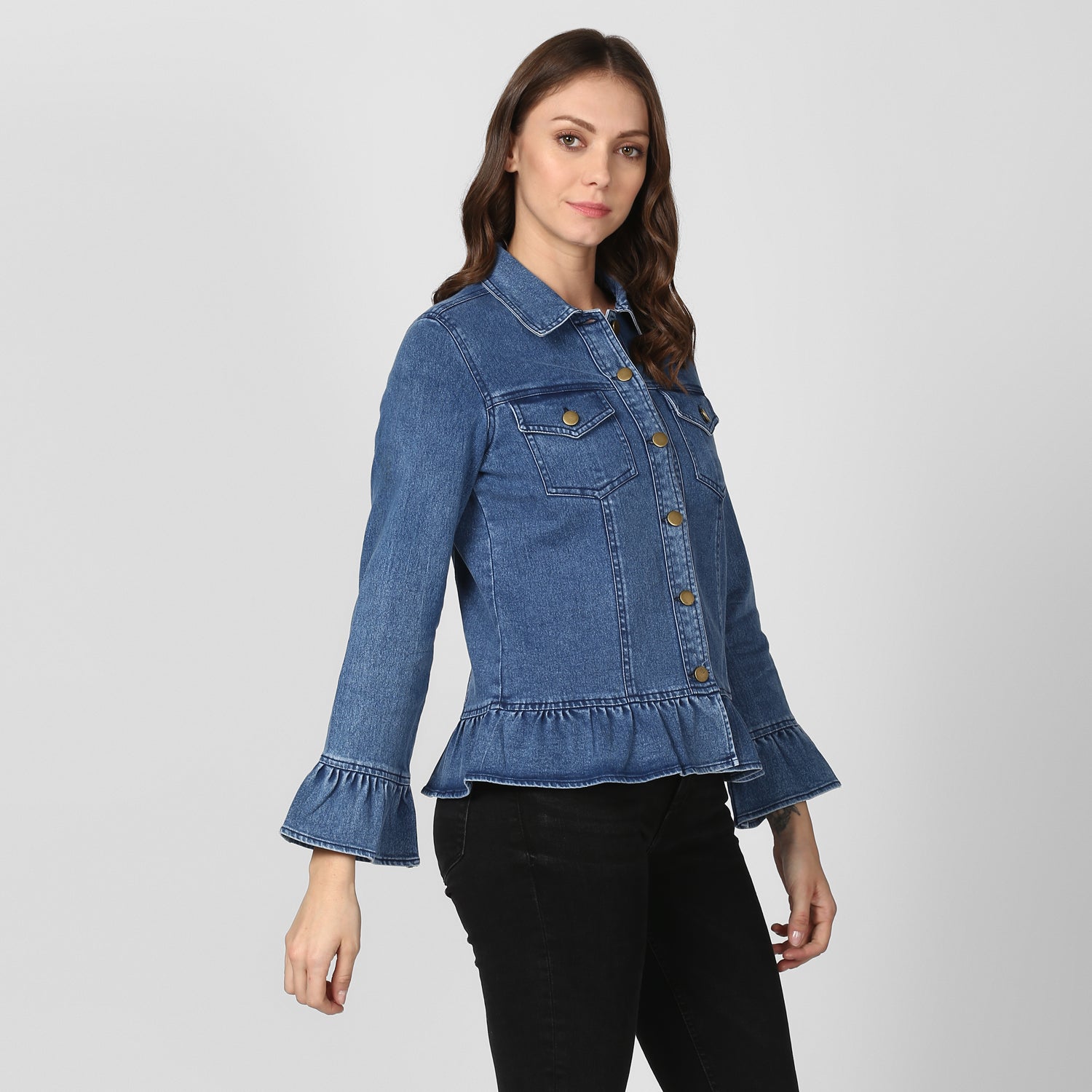 Women's Blue Denim Peplum Style Jacket - StyleStone