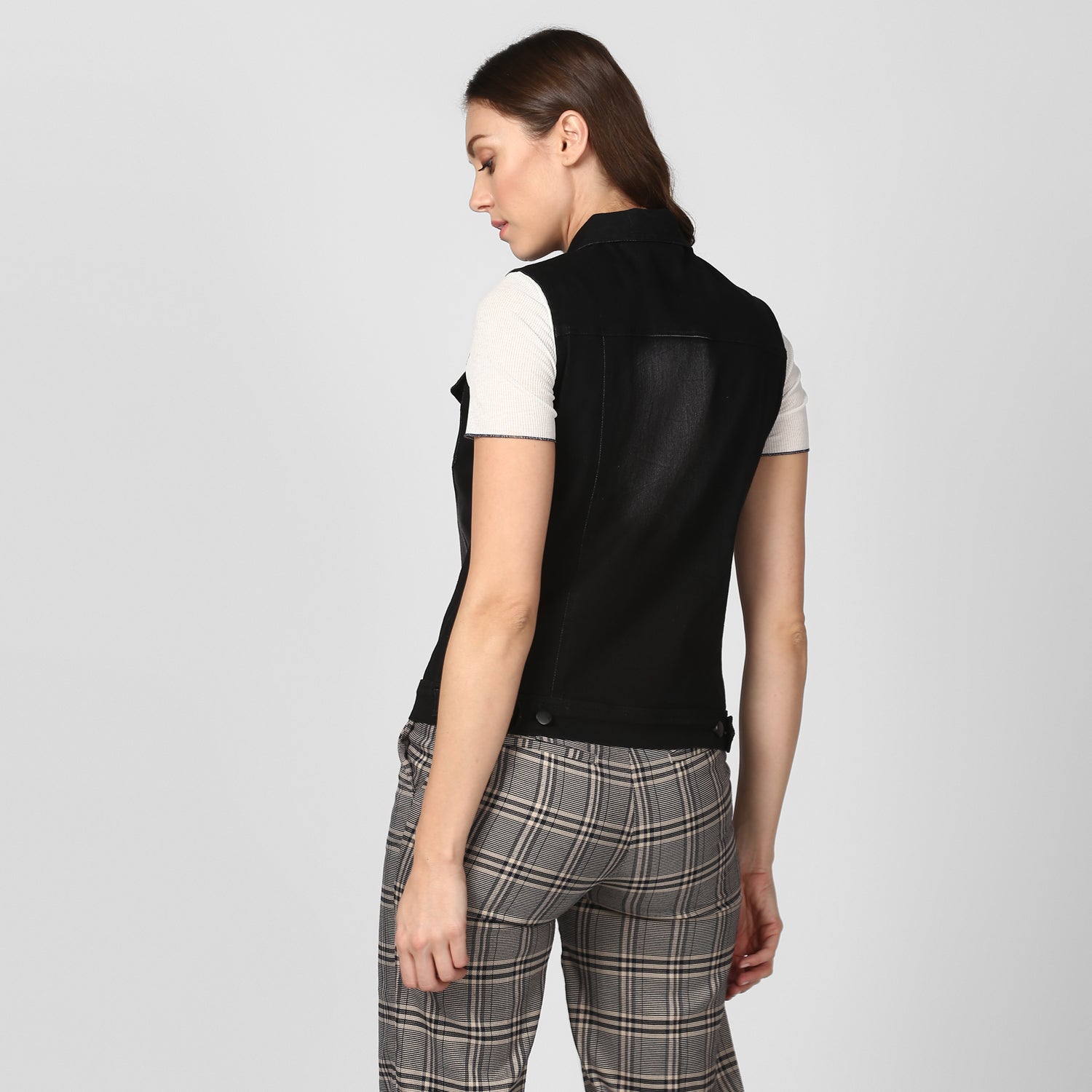 Women's Black Denim Sleeveless Jacket with Washed effect - StyleStone