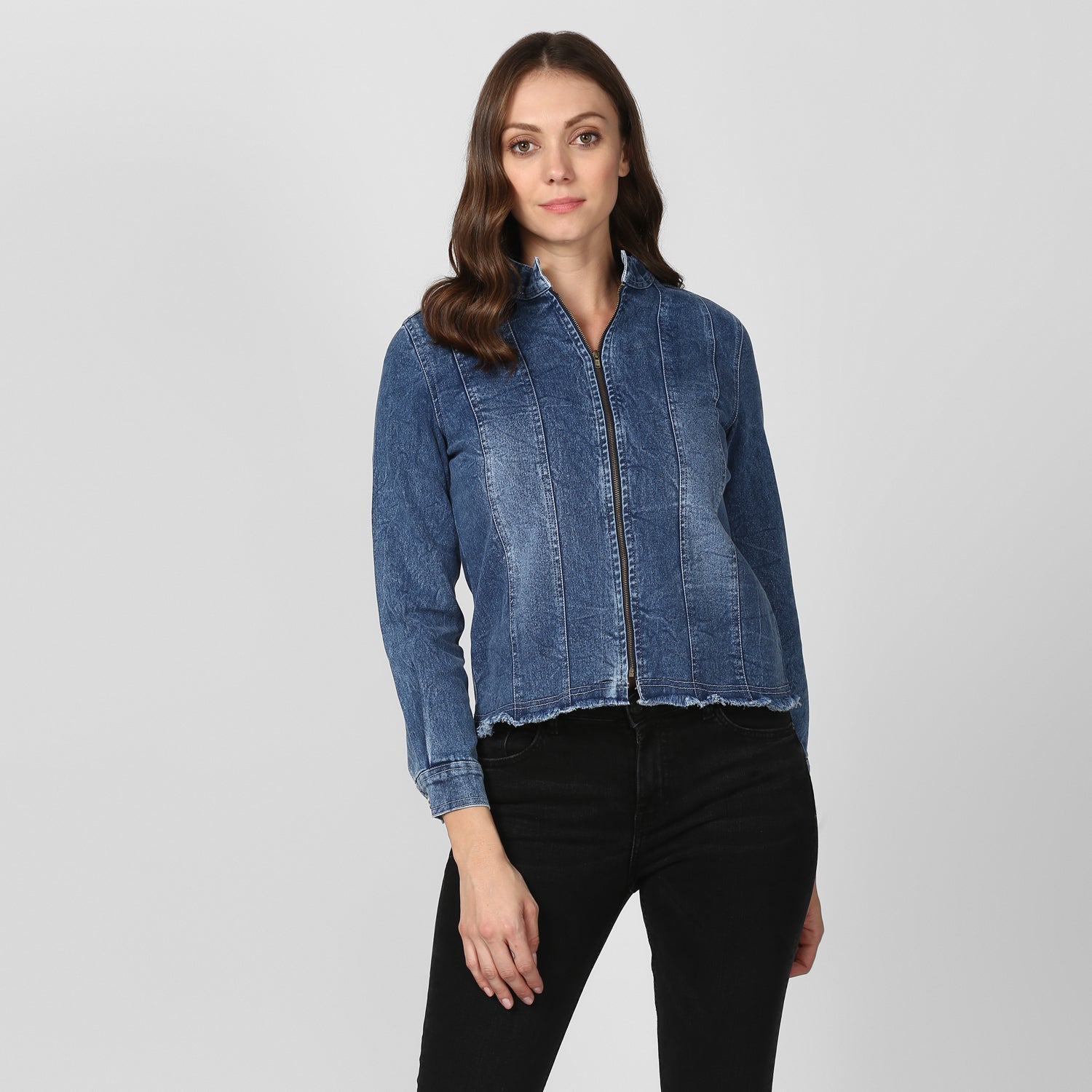 Women's Blue Denim Jacket with Zip - StyleStone