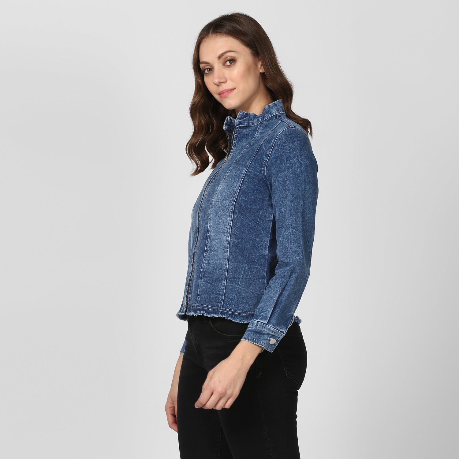 Women's Blue Denim Jacket with Zip - StyleStone
