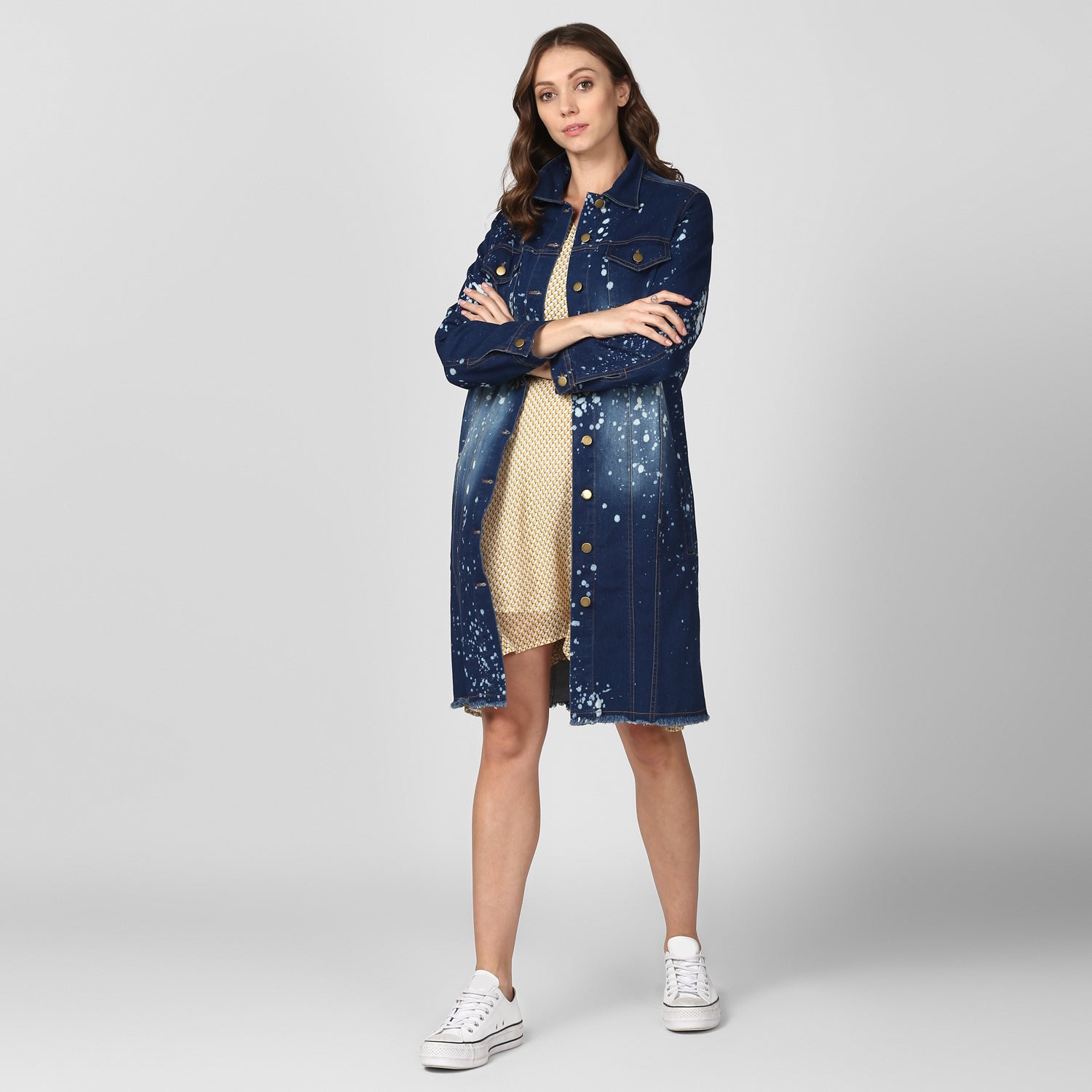Women's Long Overcoat Style Denim Jacket with Splash effect - StyleStone