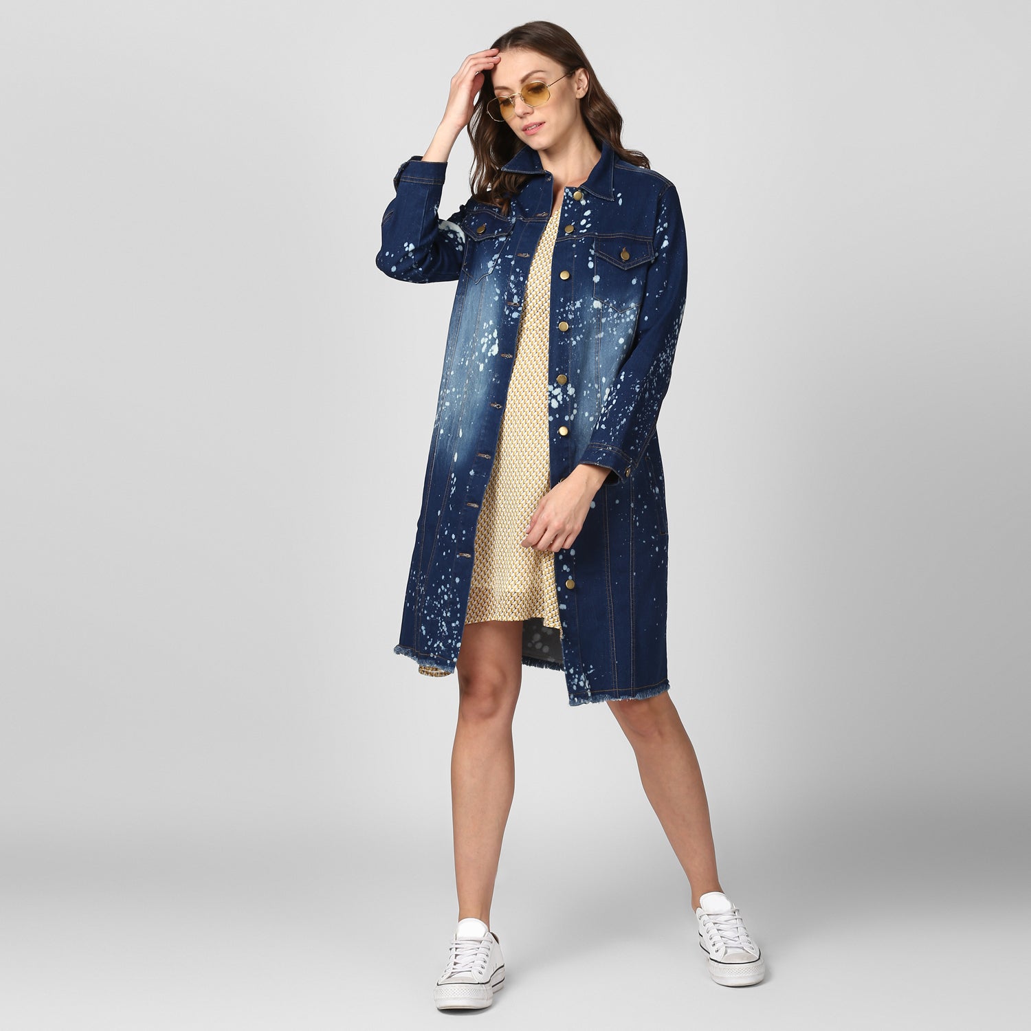 Women's Long Overcoat Style Denim Jacket with Splash effect - StyleStone