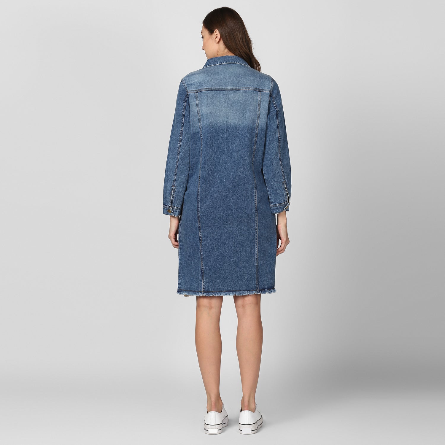Women's Long Overcoat Style Denim Jacket with Washed effect - StyleStone