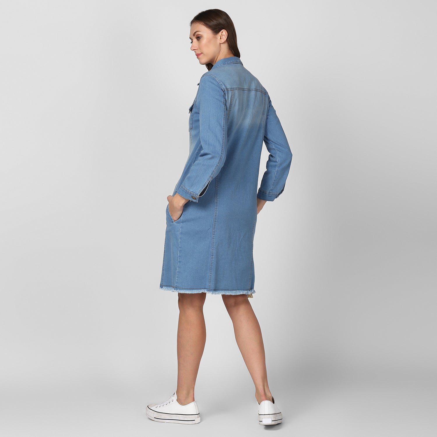 Women's Ice Blue Long Overcoat Style Denim Jacket with Washed effect - StyleStone