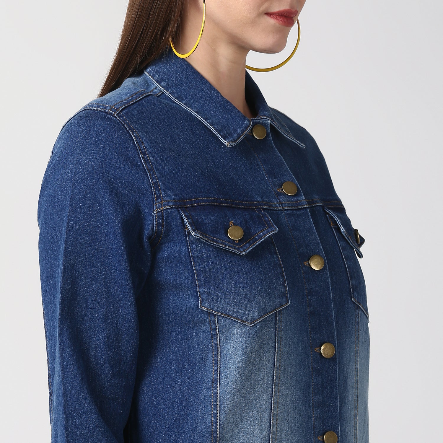 Women's Navy Blue Long Overcoat Style Denim Jacket with Washed effect - StyleStone