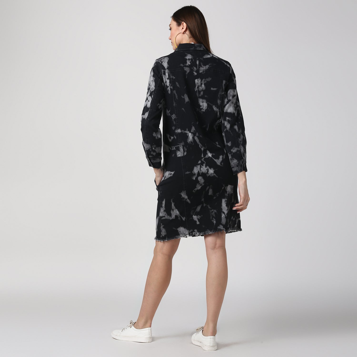 Women's Black Long Overcoat Style Denim Jacket with Cloud effect - StyleStone