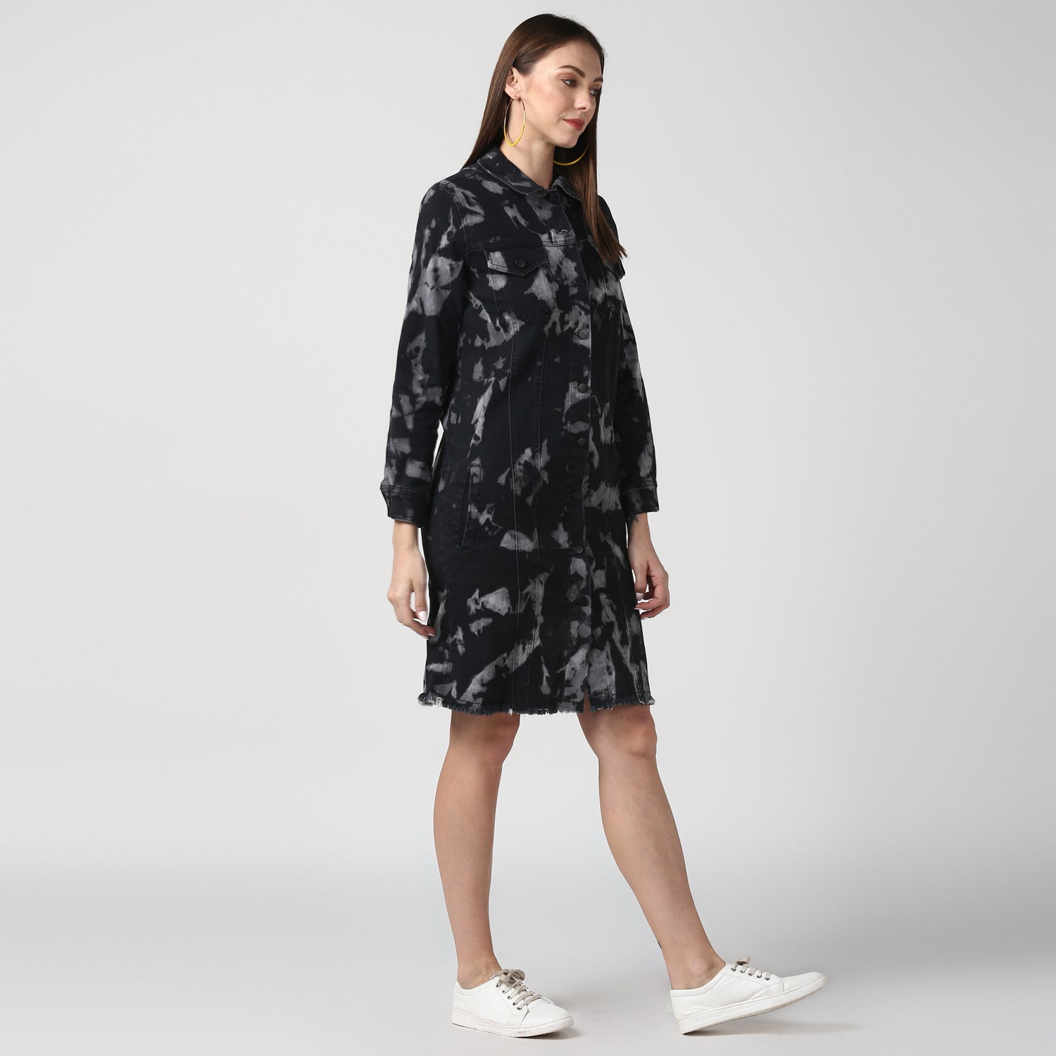 Women's Black Long Overcoat Style Denim Jacket with Cloud effect - StyleStone