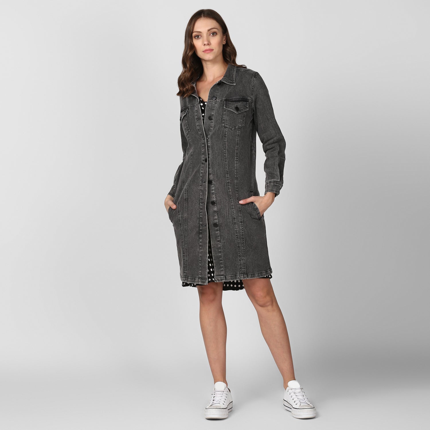 Women's Grey Long Overcoat Style Denim Jacket with Washed effect - StyleStone