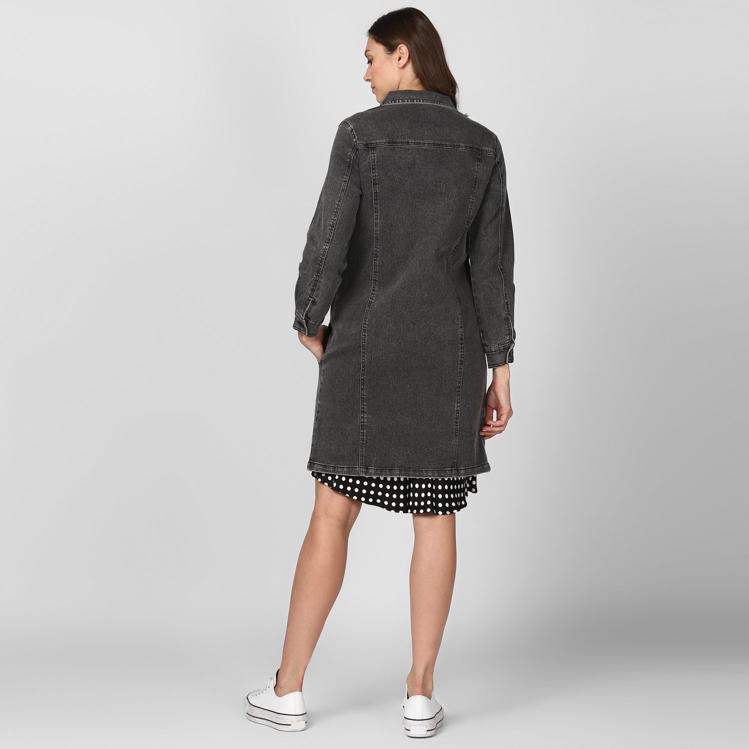 Women's Grey Long Overcoat Style Denim Jacket with Washed effect - StyleStone