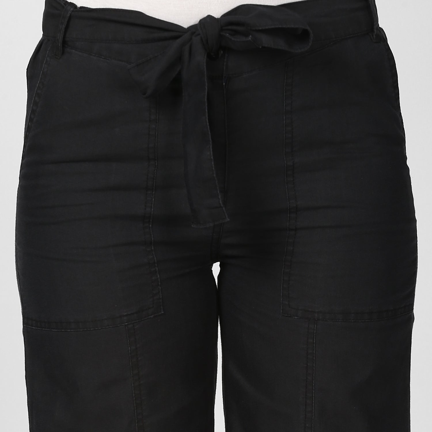 Women's Black Denim Trousers with belt - StyleStone