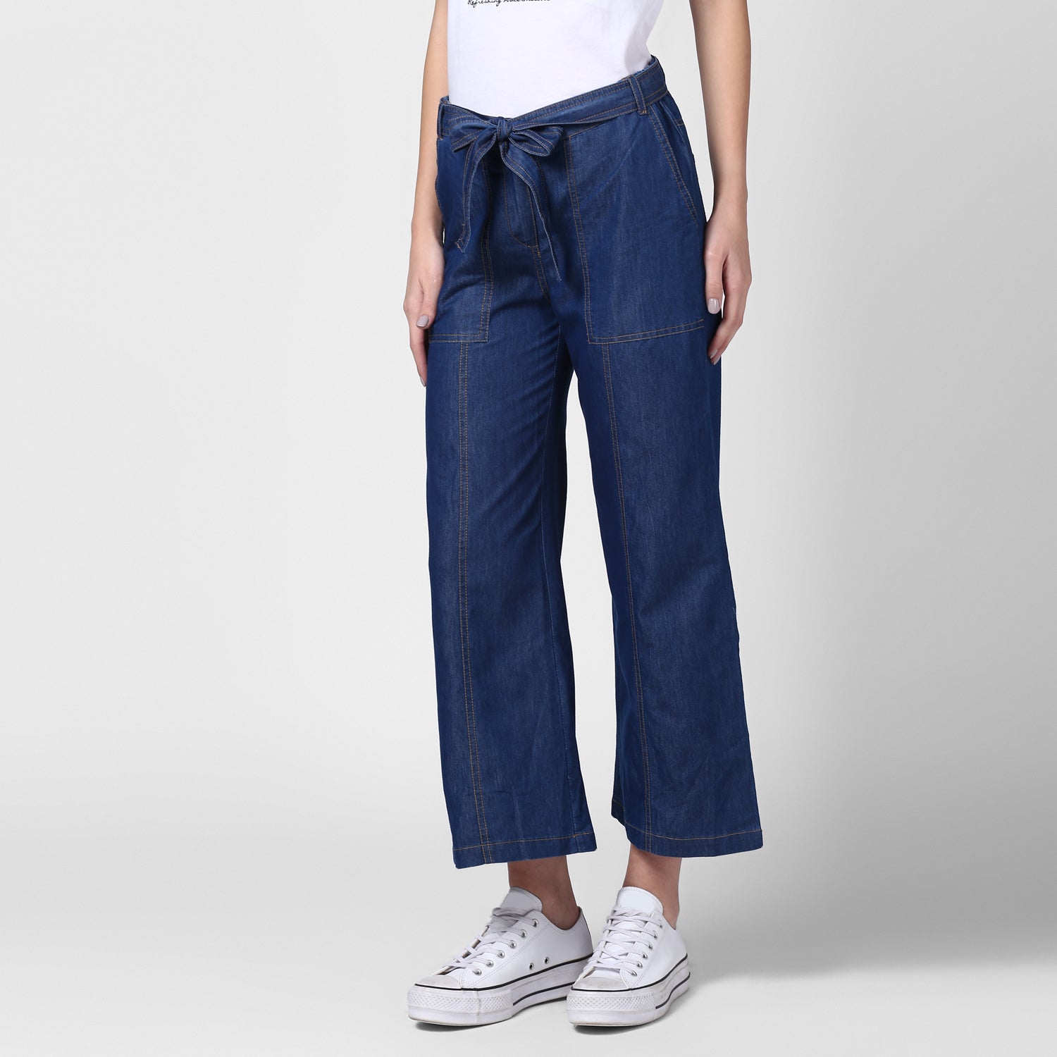 Women's Blue Denim Trousers with belt - StyleStone