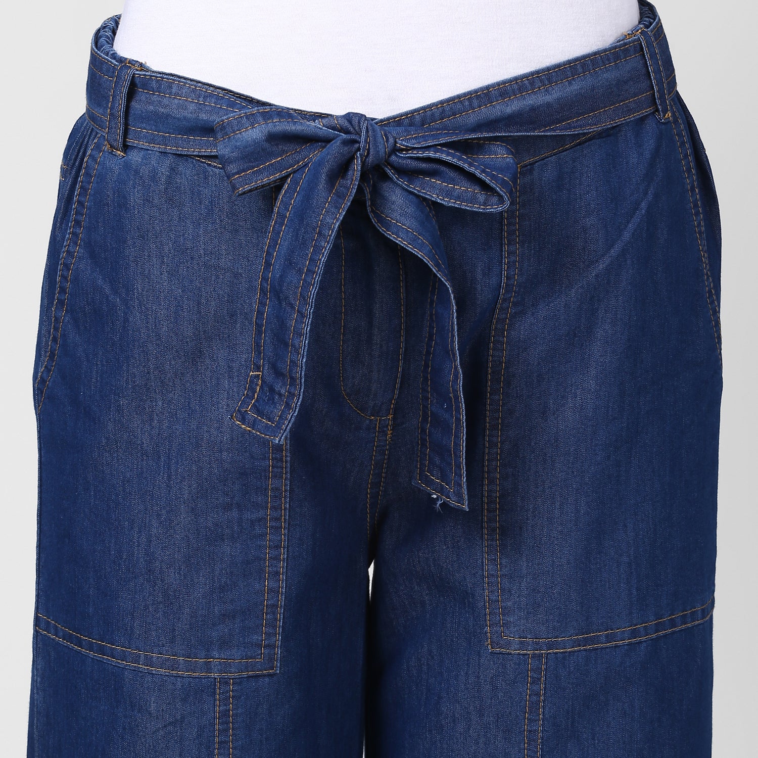 Women's Blue Denim Trousers with belt - StyleStone
