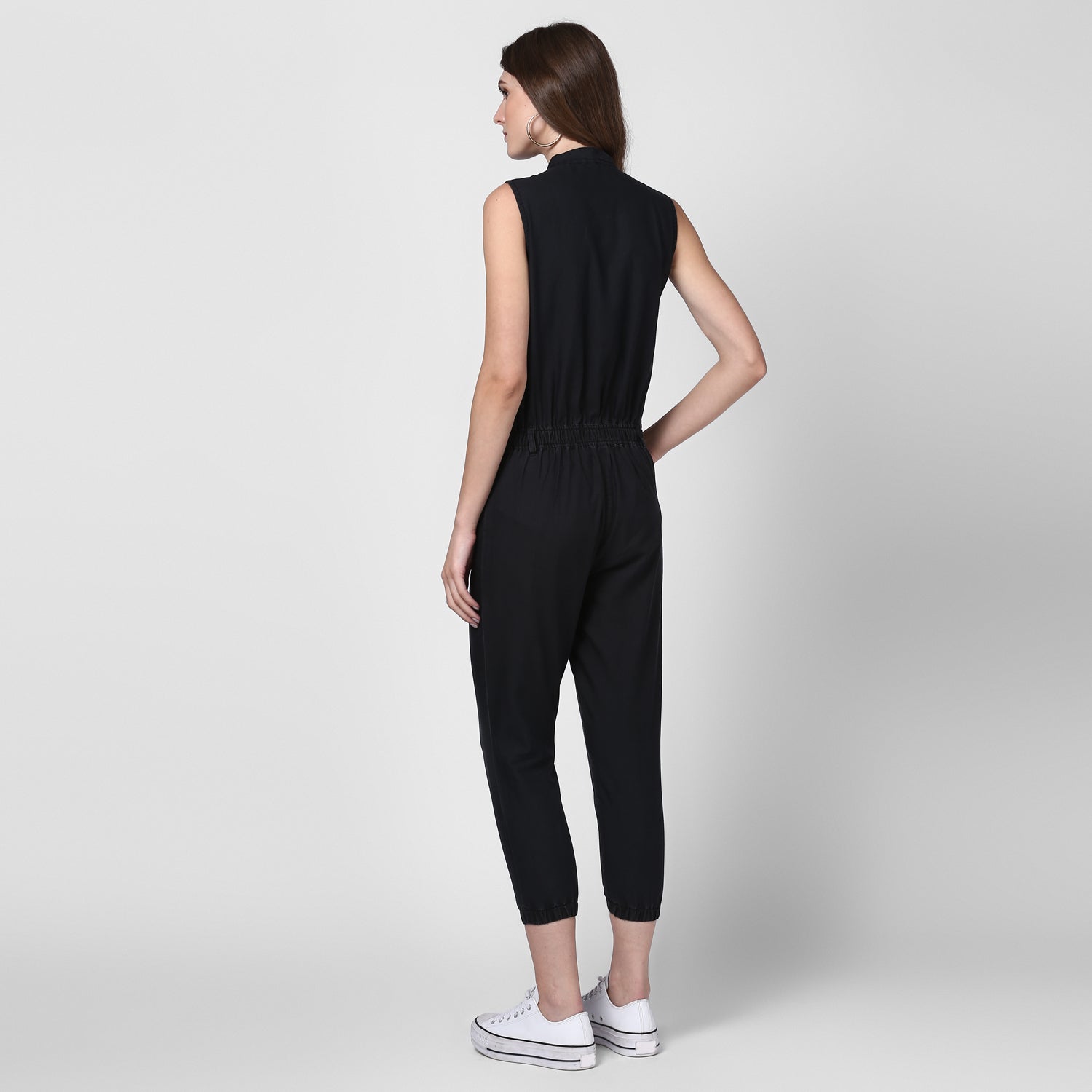 Women's Black Denim Jumpsuit with Manderin Collar - StyleStone