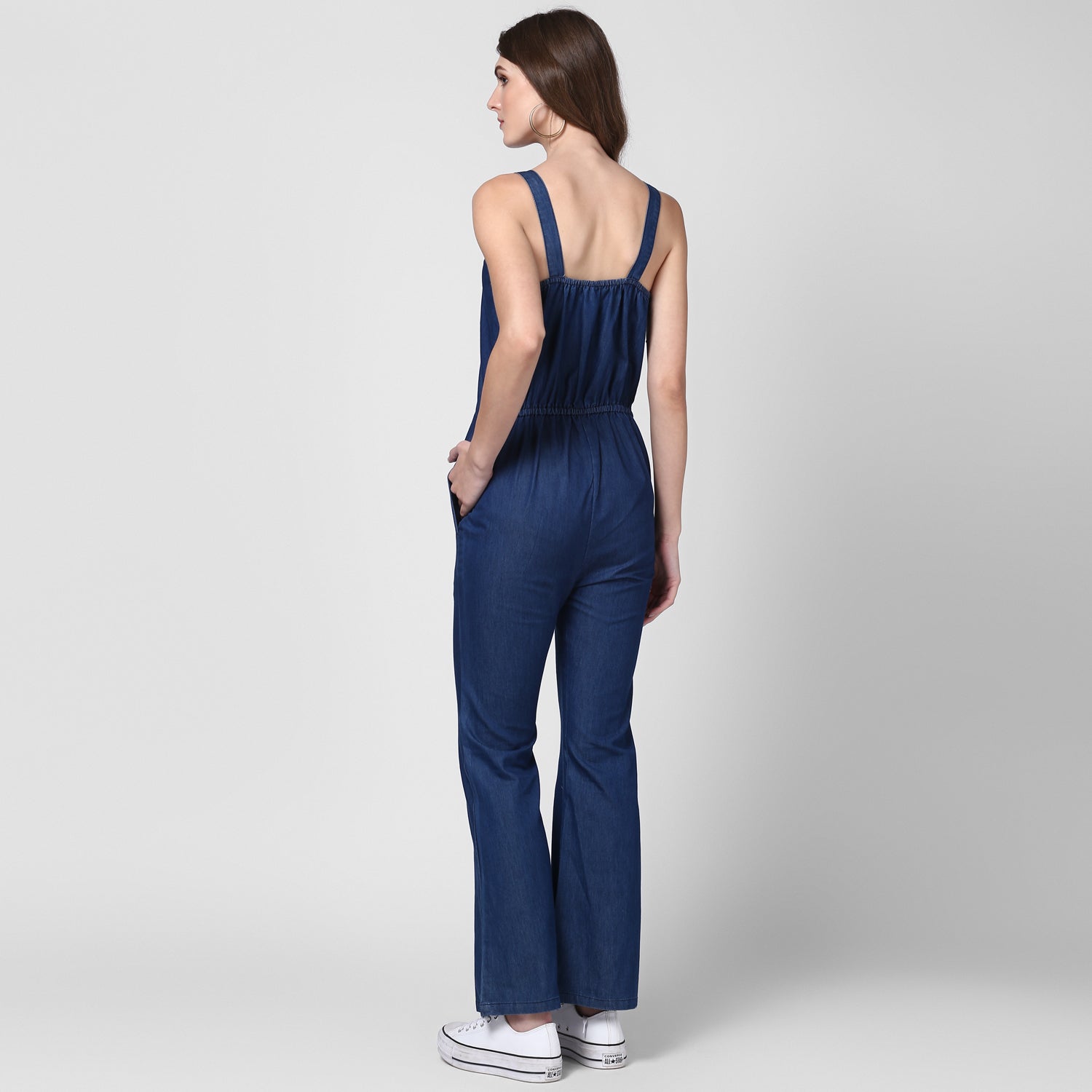 Women's Blue Denim Strap style Jumpsuit with bootcut pants - StyleStone