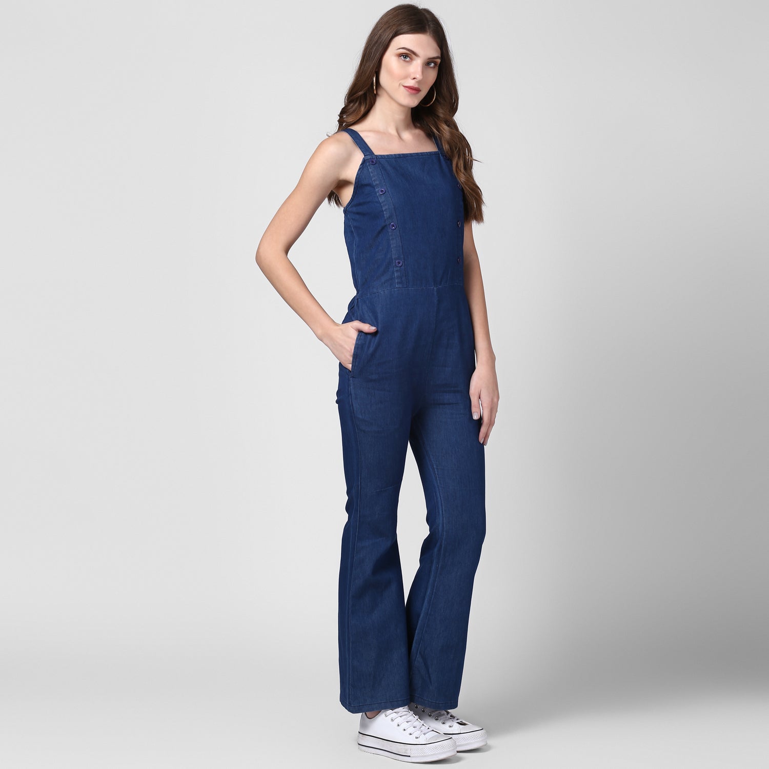 Women's Blue Denim Strap style Jumpsuit with bootcut pants - StyleStone