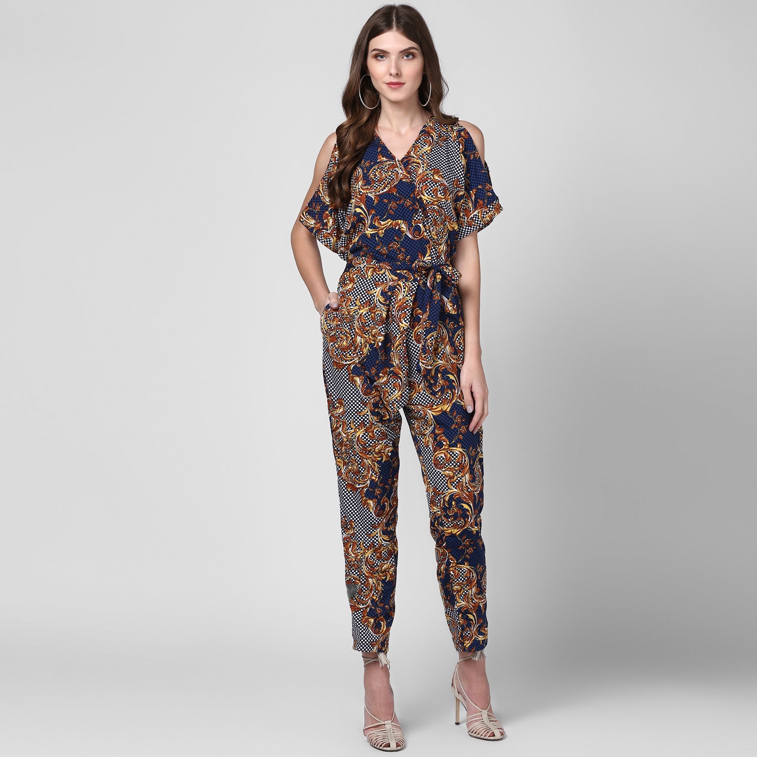 Women's Polyester Printed Jumpsuit with Cold shoulder - StyleStone