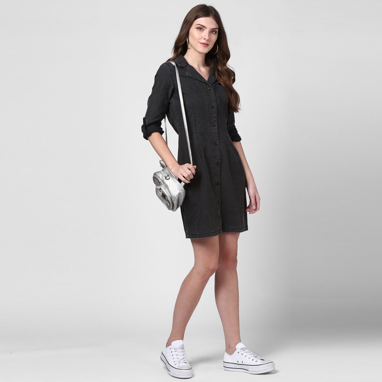 Women's Black Denim Lapel Style Shirt Dress - StyleStone