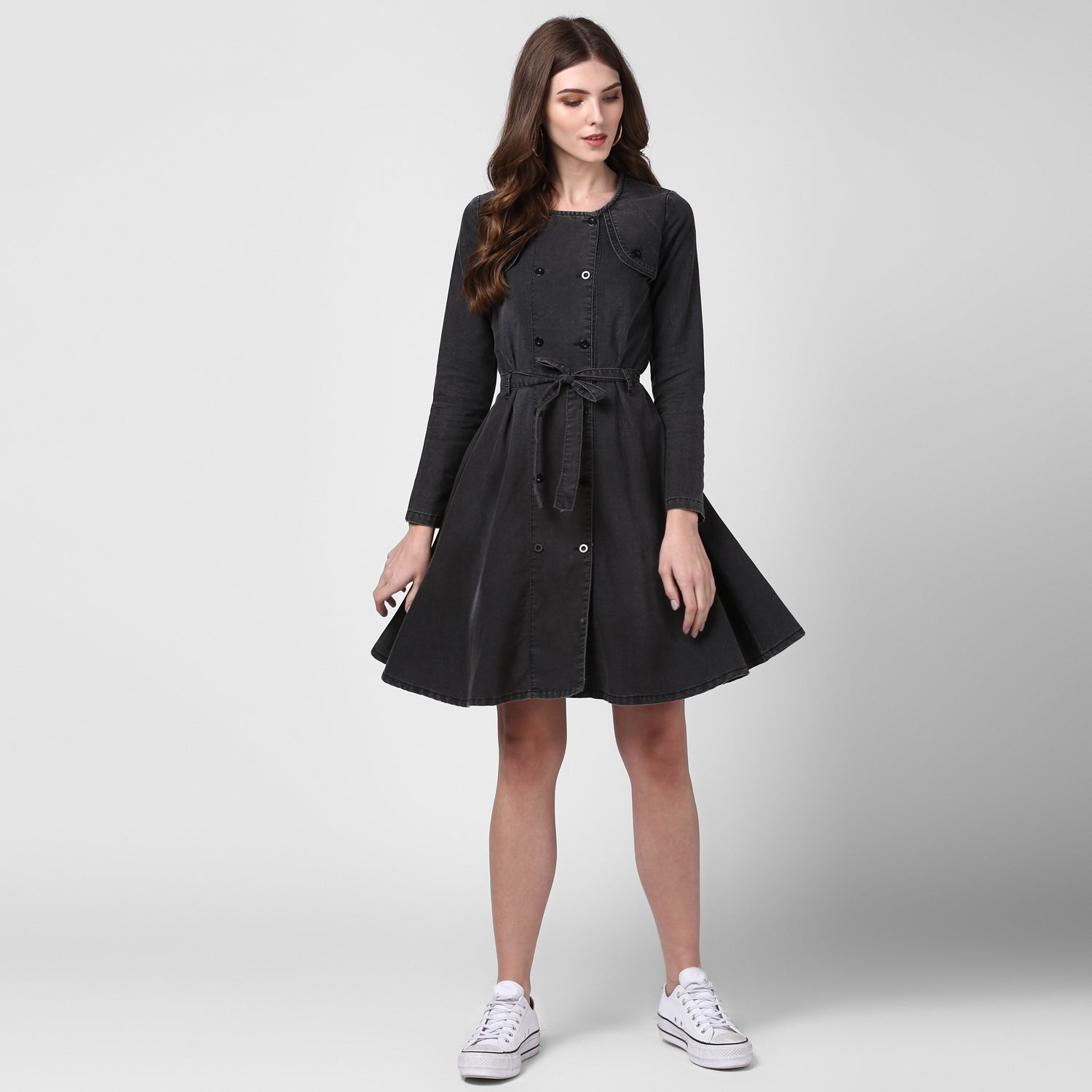 Women's Black Denim Dress with Shoulder Placket detail - StyleStone