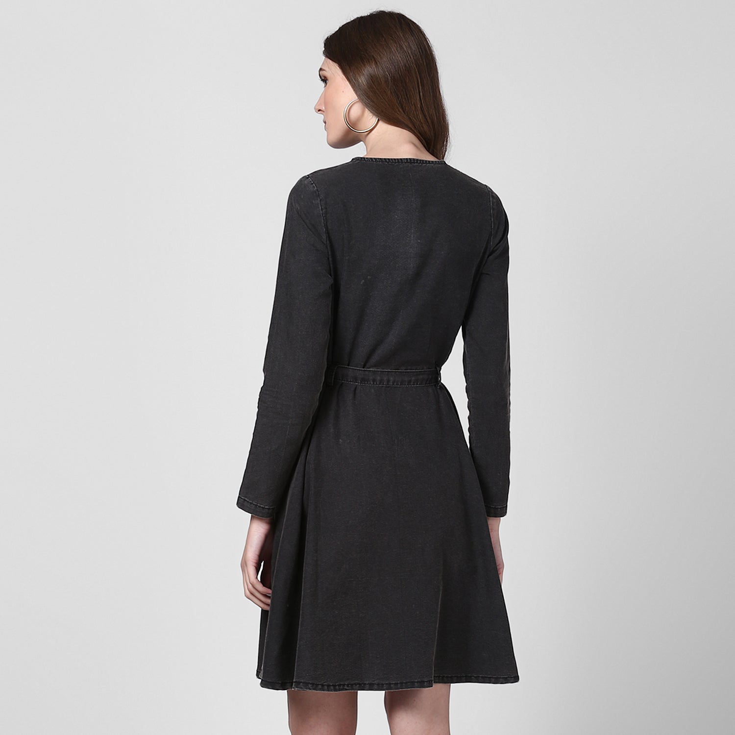 Women's Black Denim Dress with Shoulder Placket detail - StyleStone