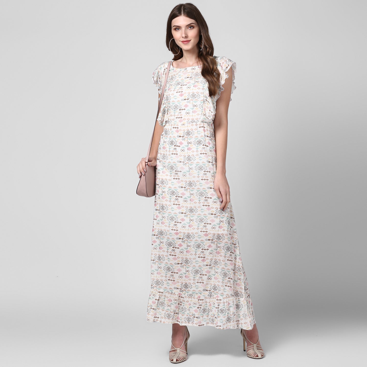 Women's Off White Printed Rayon Crepe Maxi Dress - StyleStone