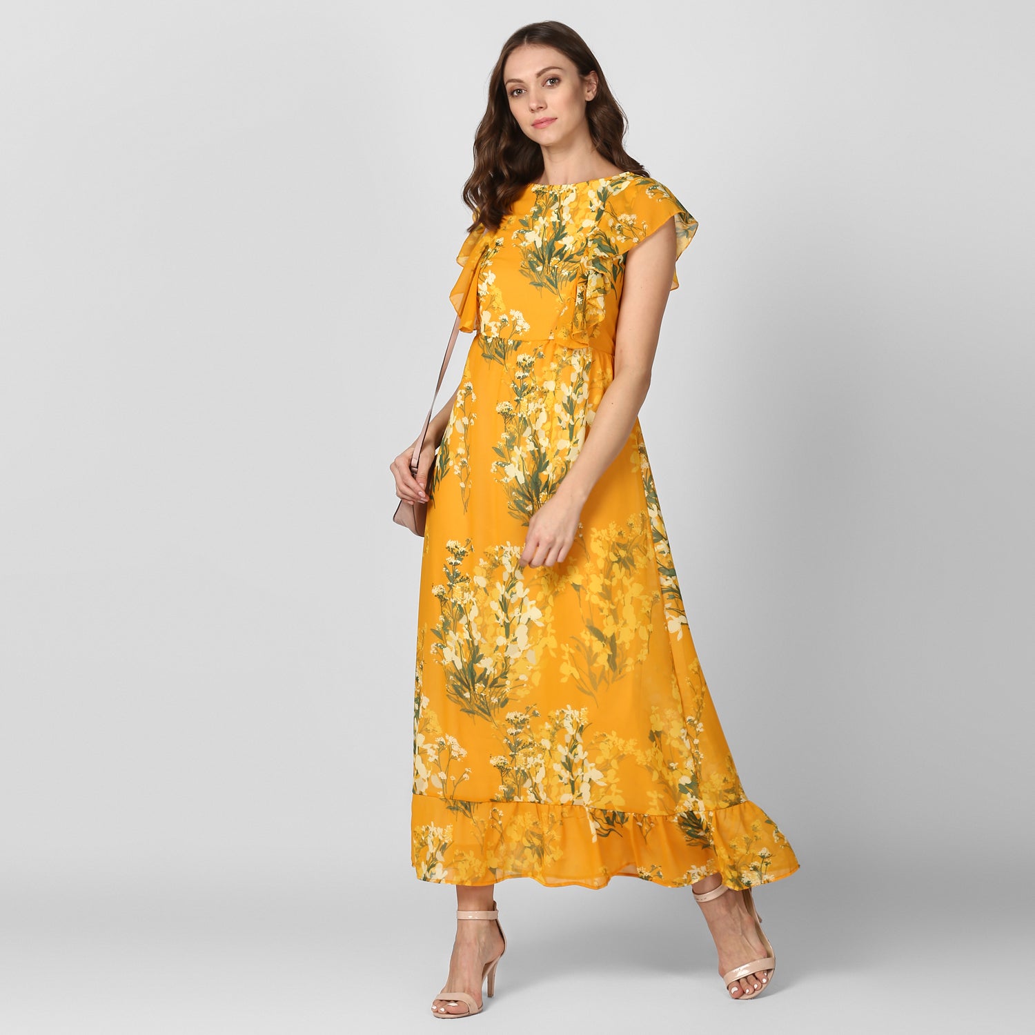 Women's Yellow Printed Maxi Dress with Lining - StyleStone