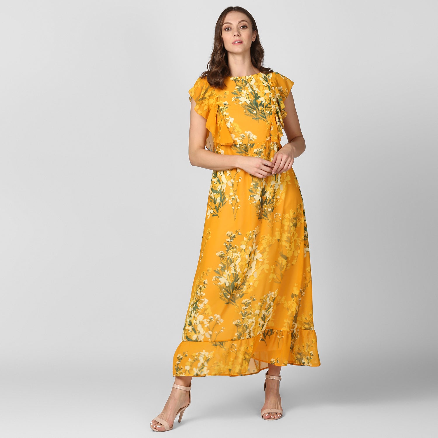 Women's Yellow Printed Maxi Dress with Lining - StyleStone