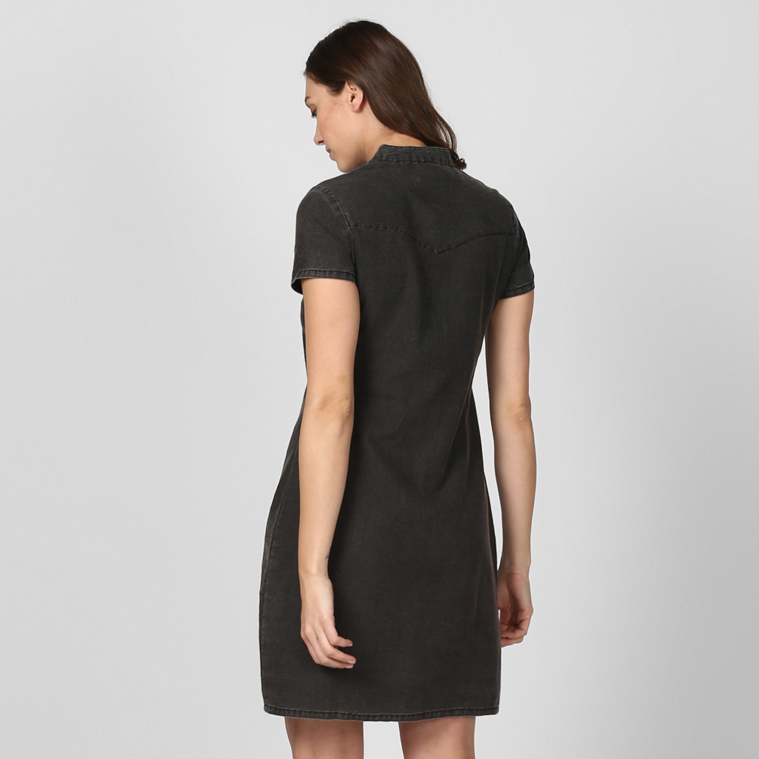 Women's Black Denim Dress with White Drawstring - StyleStone