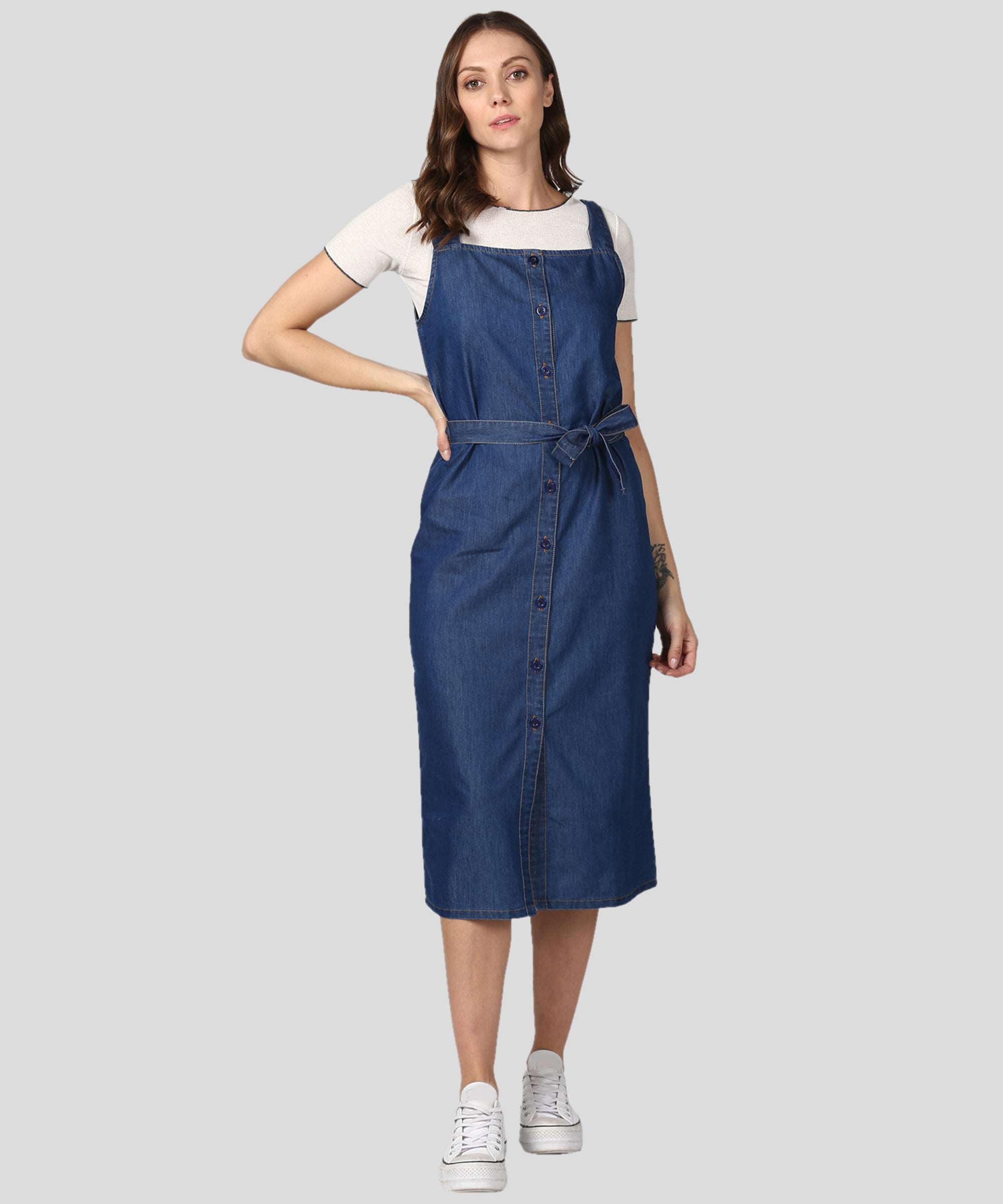 Women's Navy Blue Denim Dress with Straps (inner not included) - StyleStone