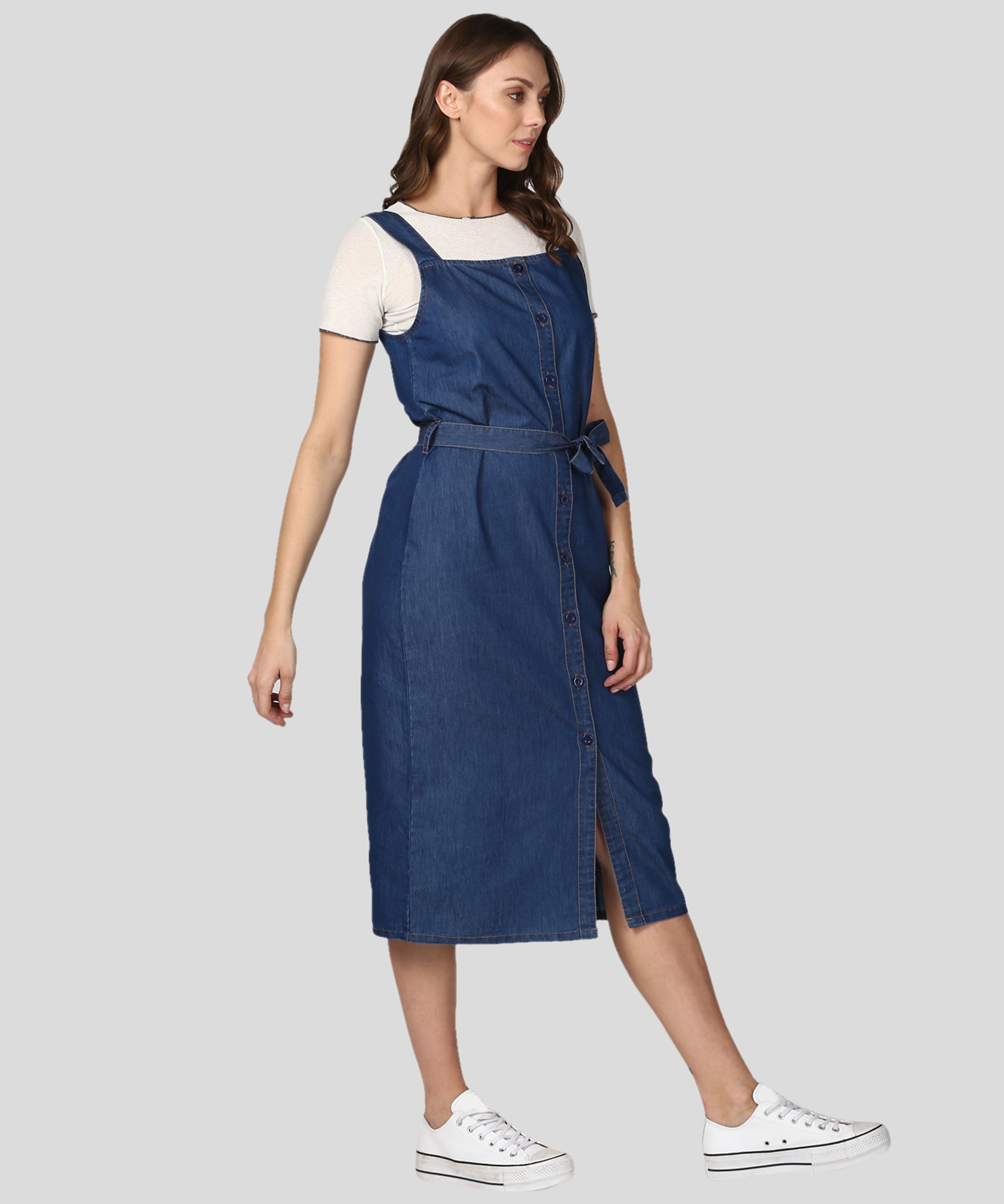 Women's Navy Blue Denim Dress with Straps (inner not included) - StyleStone