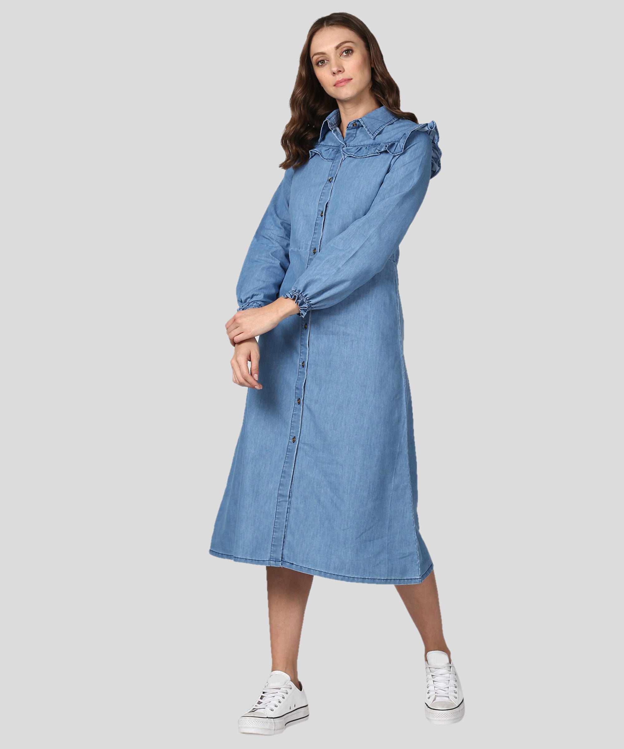 Women's Blue Denim Dress with Ruffle Detail - StyleStone