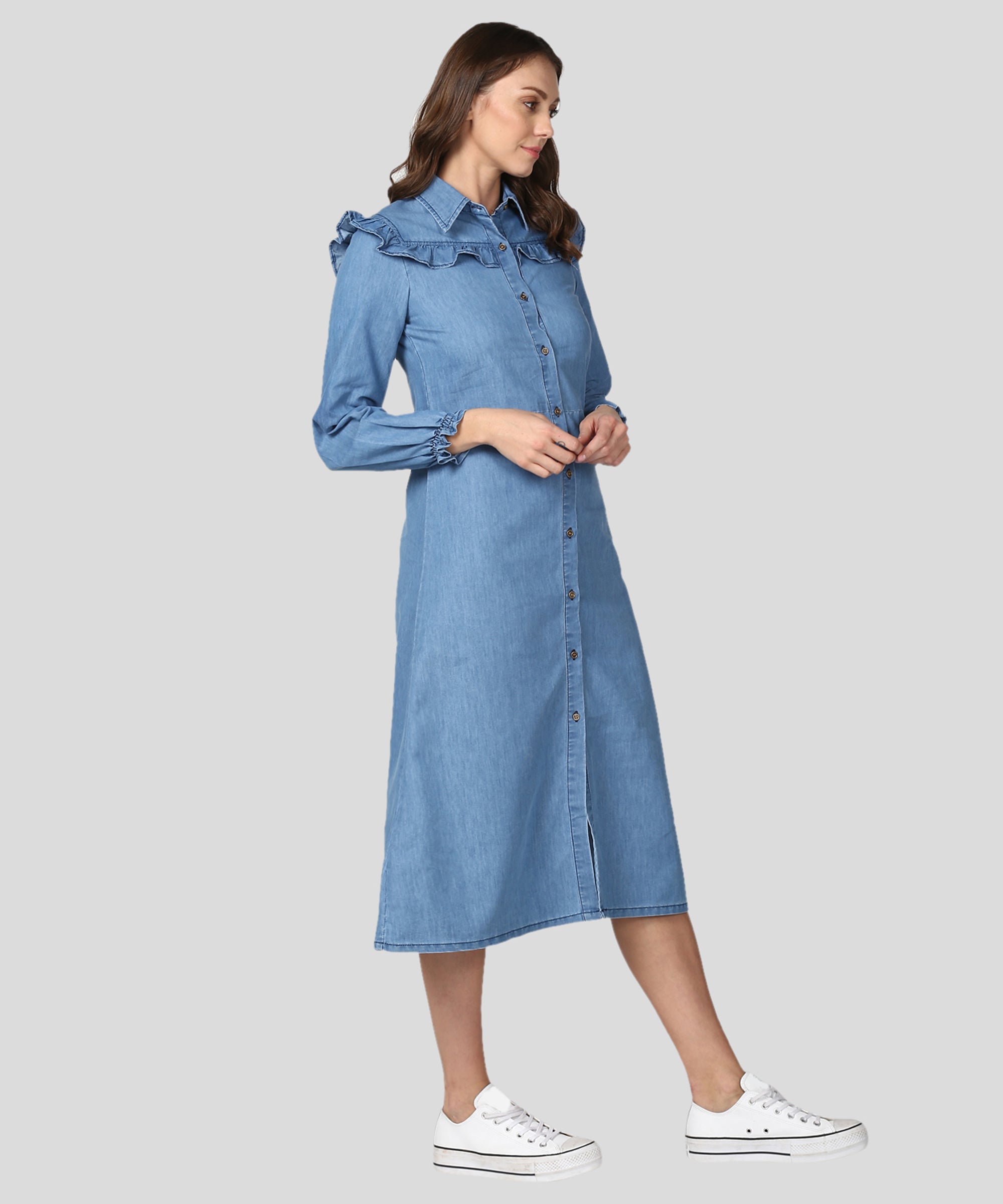 Women's Blue Denim Dress with Ruffle Detail - StyleStone