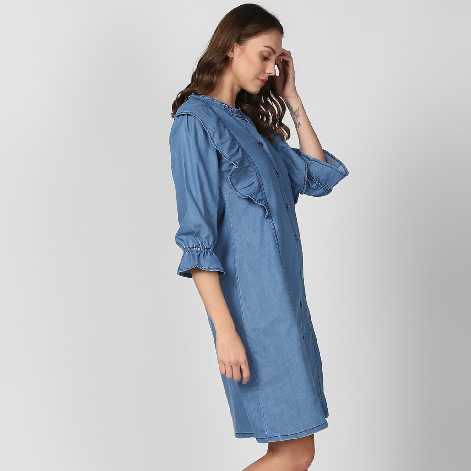 Women's Blue Denim Shirt Dress with Side Ruffle Detail - StyleStone