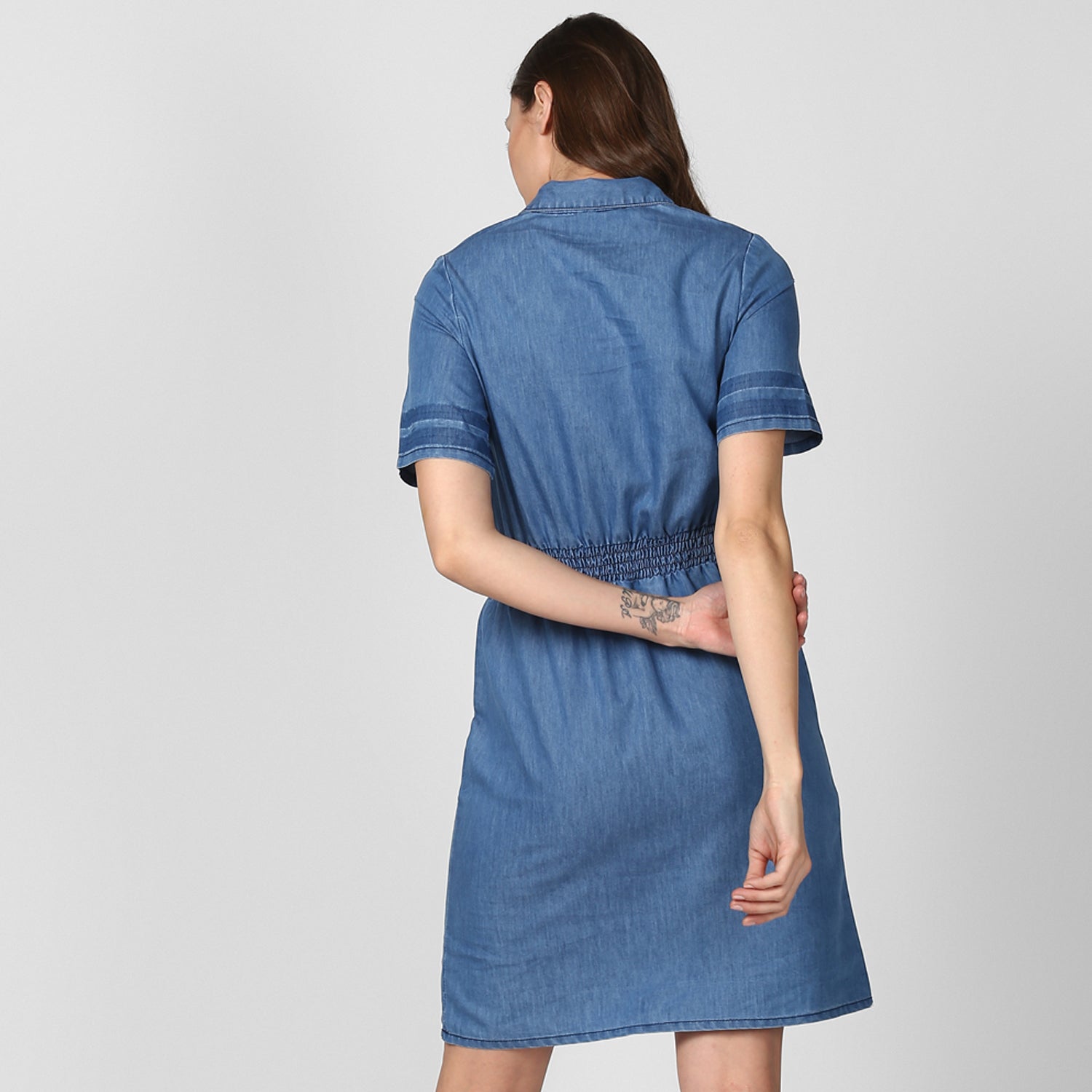 Women's Blue Denim Dress with Smocked waistline - StyleStone