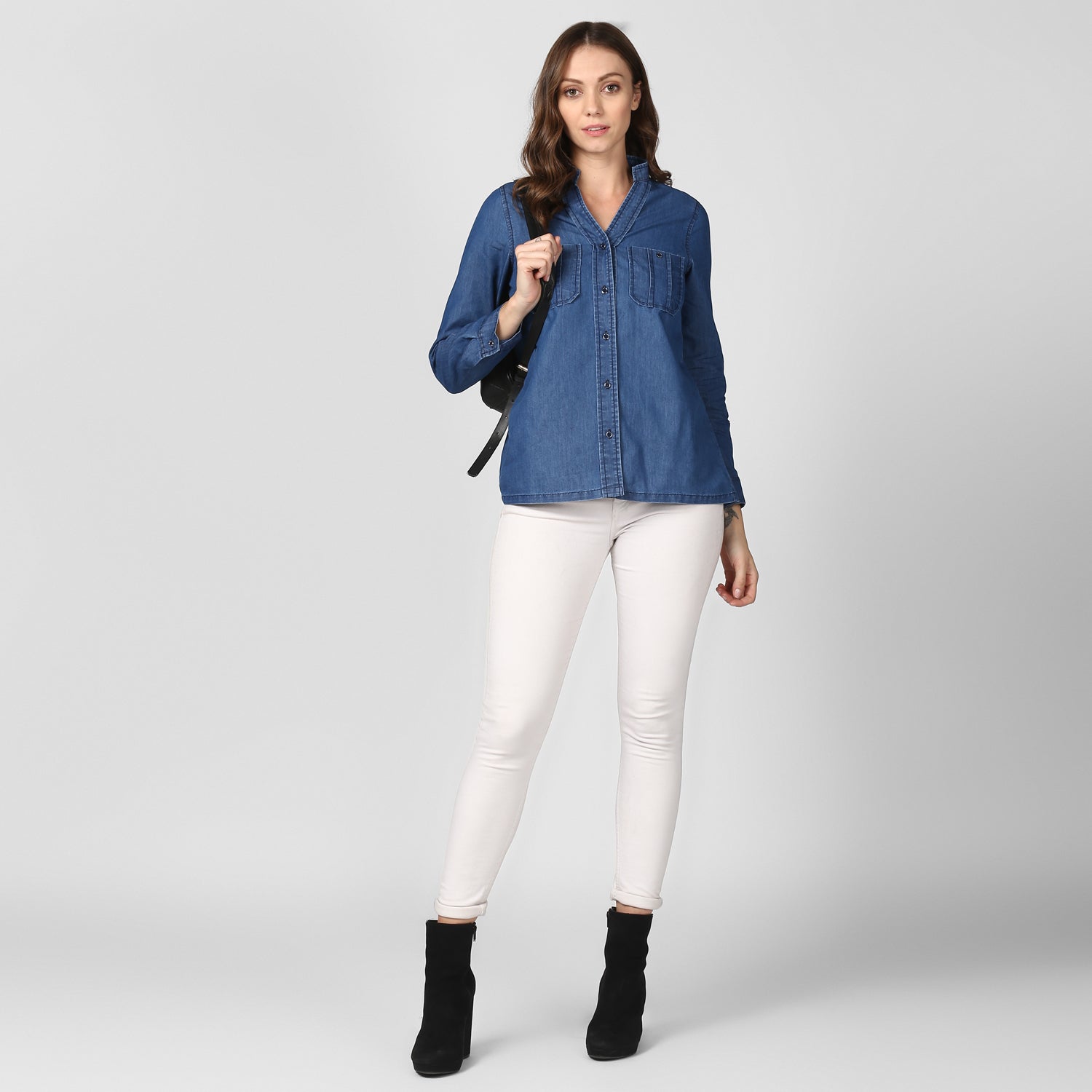 Women's Blue Denim Top cum shirt with striped pocket detail - StyleStone