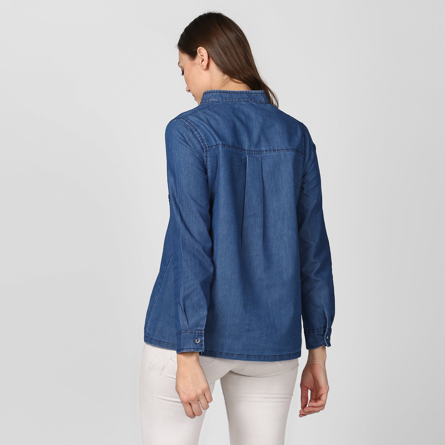 Women's Blue Denim Top cum shirt with striped pocket detail - StyleStone