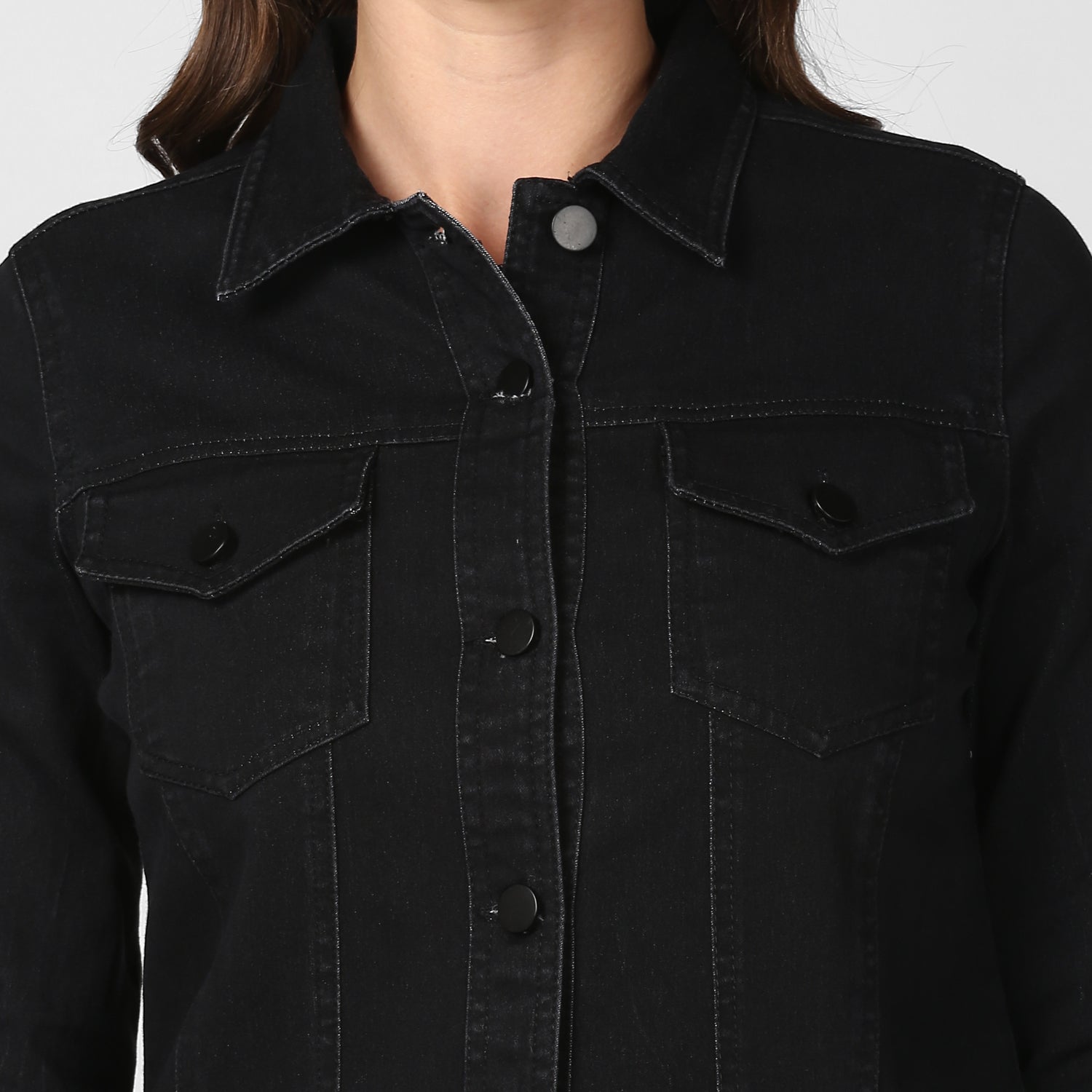 Women's Solid Black Denim Jacket - StyleStone