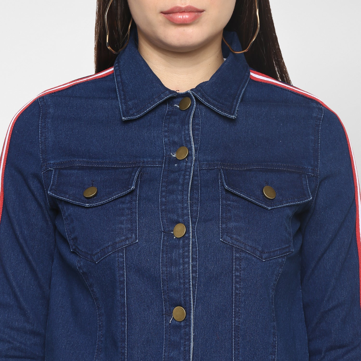Women's Navy Blue Jacket with Red Tape - StyleStone