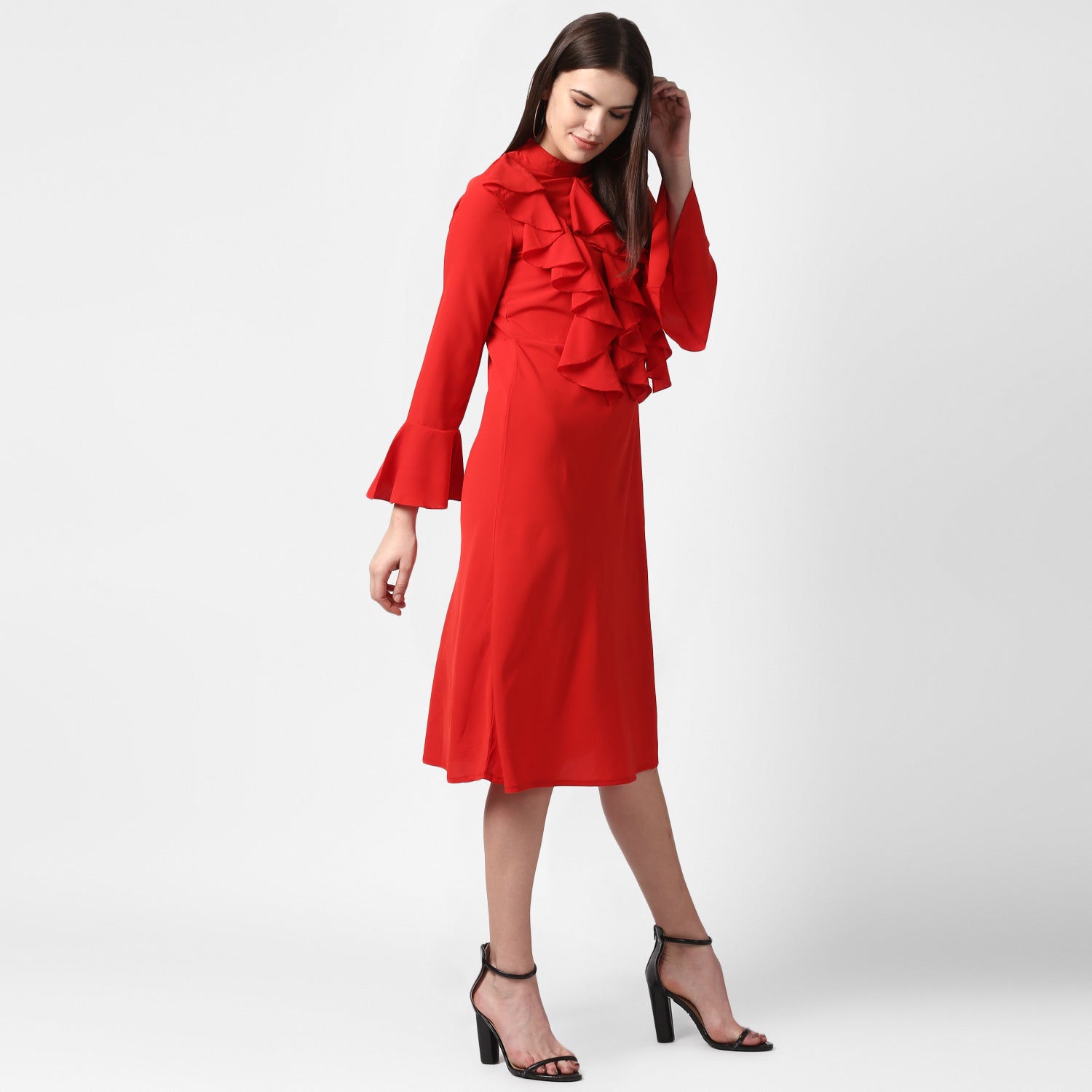 Women's Red Front Ruffle Bell Sleeve Dress - StyleStone