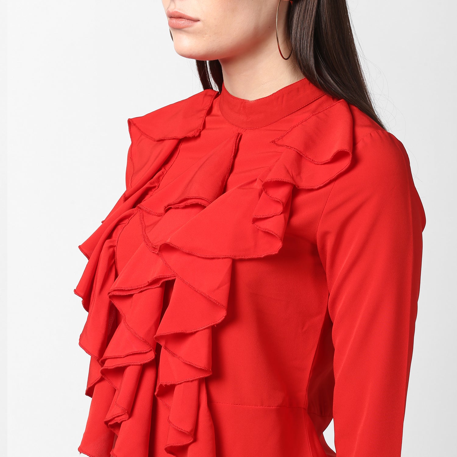 Women's Red Front Ruffle Bell Sleeve Dress - StyleStone