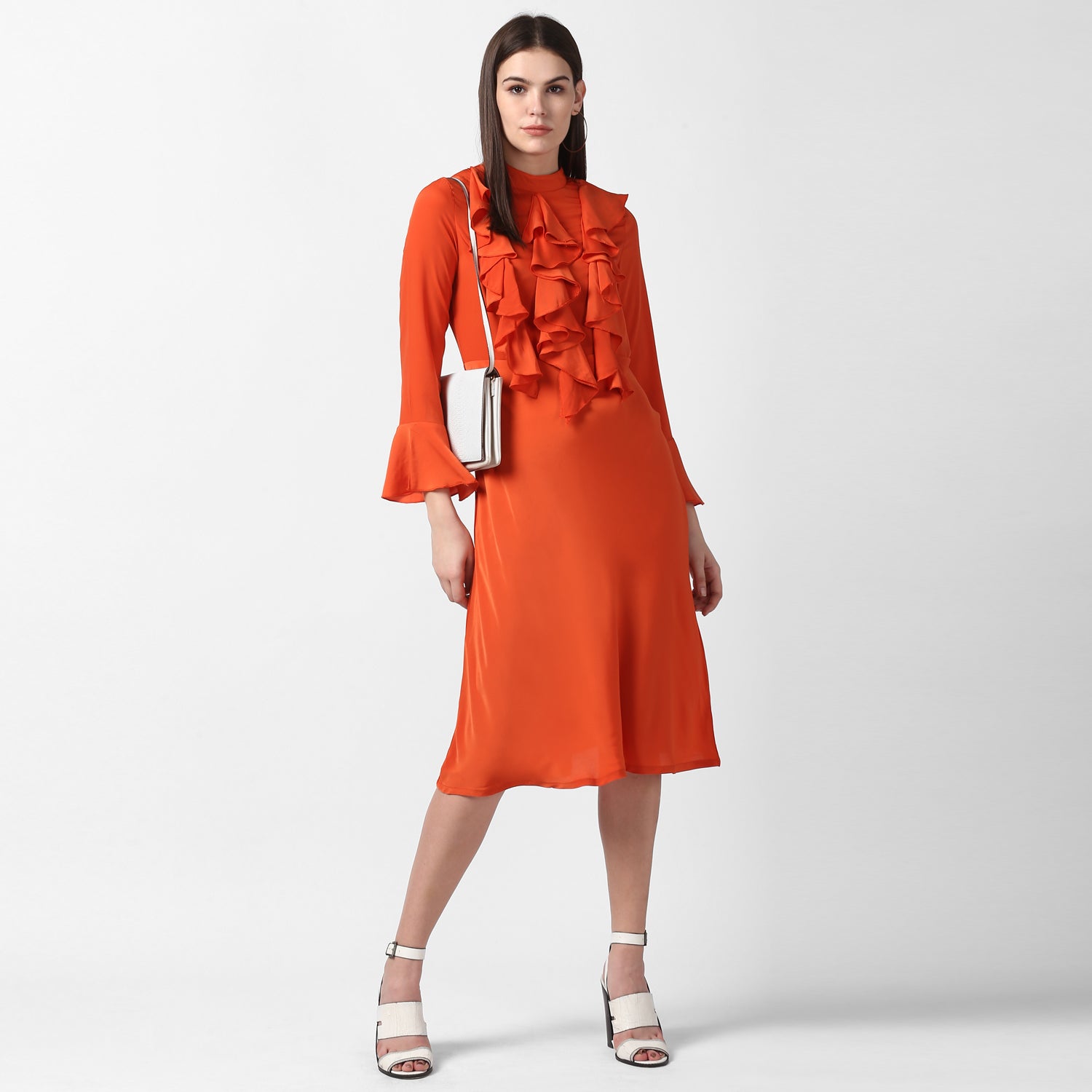 Women's Orange Front Ruffle Bell Sleeve Dress - StyleStone