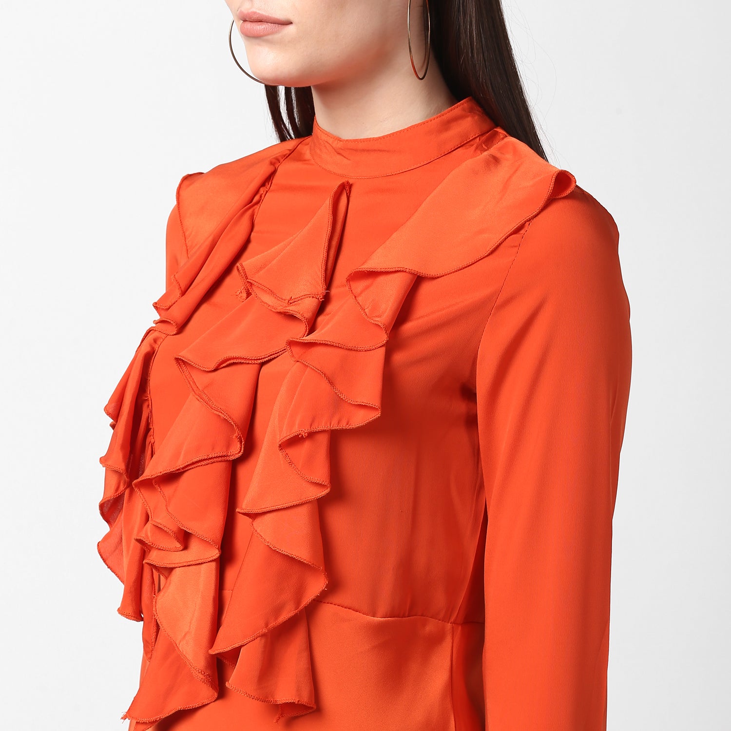 Women's Orange Front Ruffle Bell Sleeve Dress - StyleStone